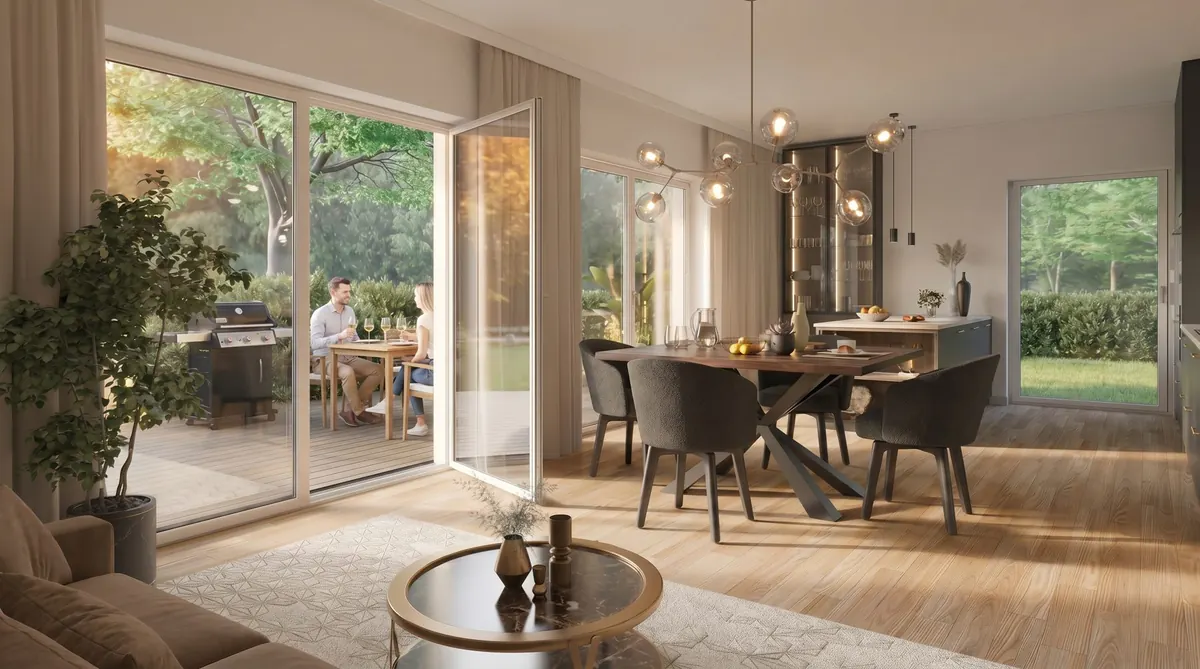 Essbereich mit Zugang zur Terrasse im Grünen