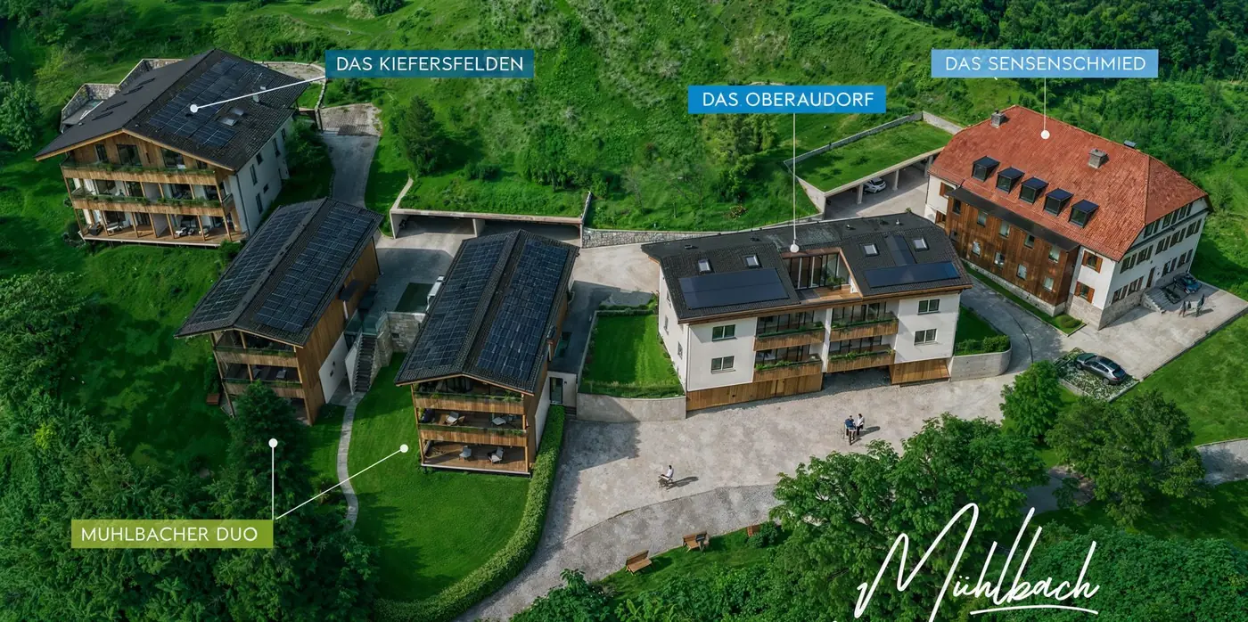 Luftaufnahme des gesamten Quartiers Mühlbach mit allen vier Mehrfamilienhäusern